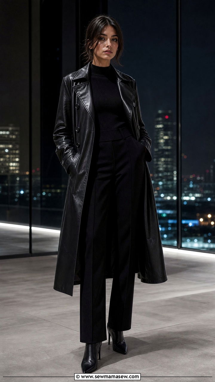 Leather Trench Coat with All Black Outfit - 35 how to style trench coat