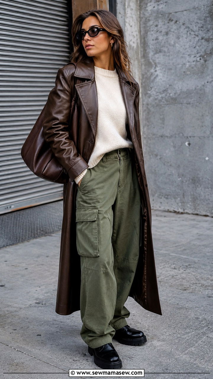 Leather Trench Coat with Cream Sweater and Cargo Pants - 30 Long trench coat outfit ideas with a sweater