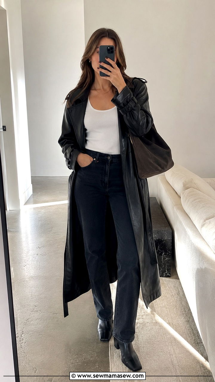Leather Trench Coat with Dark Wash Denim and Square Toe Boots - 20 Quiet luxury outfit ideas Khaite style