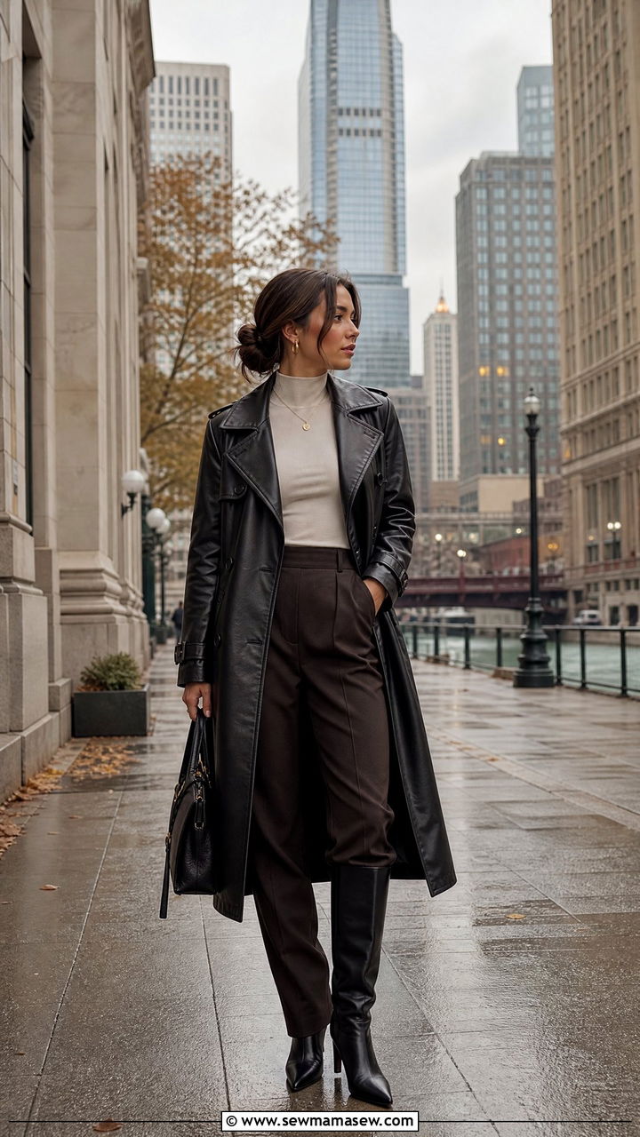 Leather Trench Coat with Mock Neck Top and Boots - 25 Chicago brunch outfit ideas