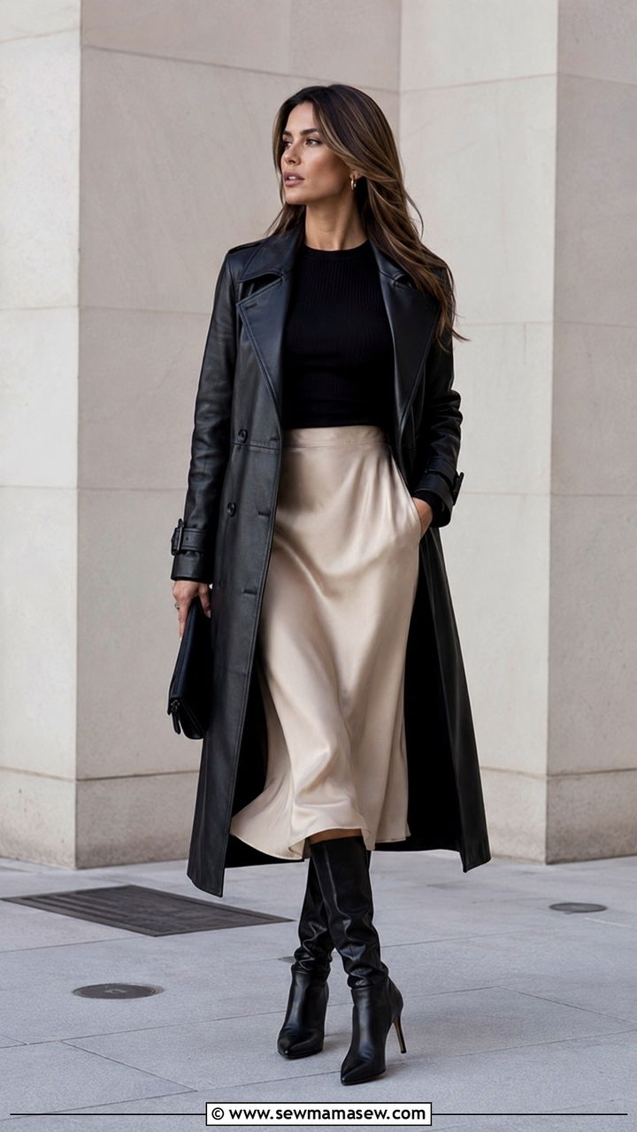 Leather Trench Coat with Silk Midi Skirt and Knee High Boots - 20 Old money outfit ideas Gwyneth Paltrow