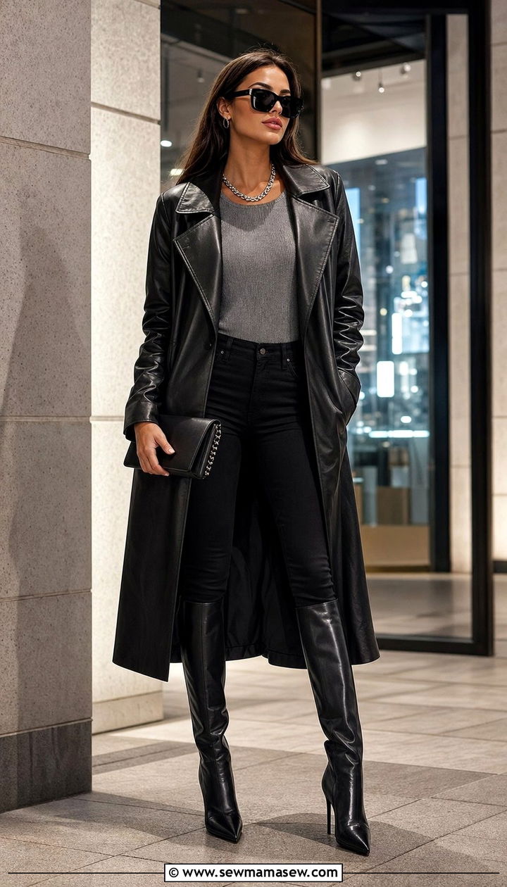 Leather Trench Coat with Skinny Jeans and Knee High Boots - 25 Skinny jeans outfit ideas with a trench coat