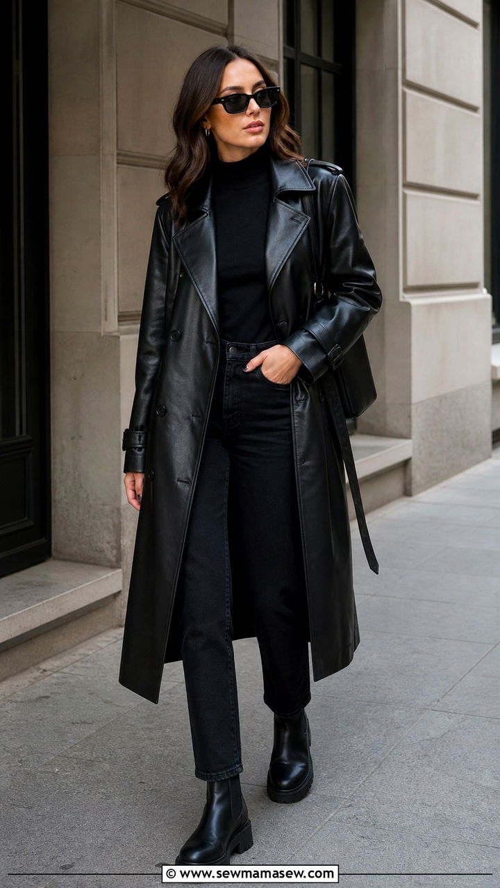 Leather Trench Coat with Turtleneck and Jeans - 40 cute work outfits