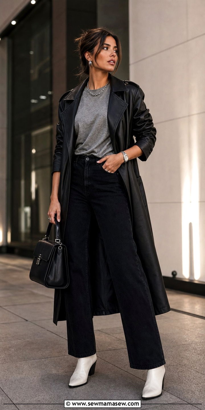 Leather Trench with Black Jeans and White Ankle Boots - 25 spring model off duty outfits