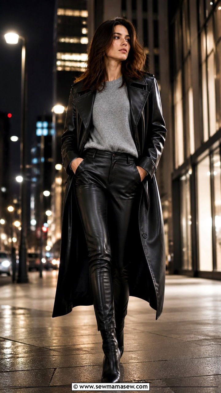 Leather Trench with Cashmere Sweater and Leather Pants - 40 transitional outfits