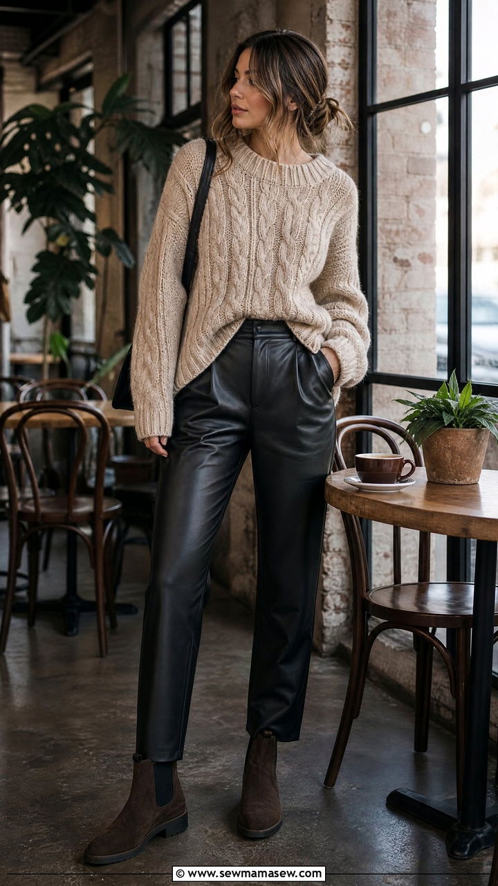 Leather Trousers With A Chunky Knit - 25 classy grunge outfit ideas