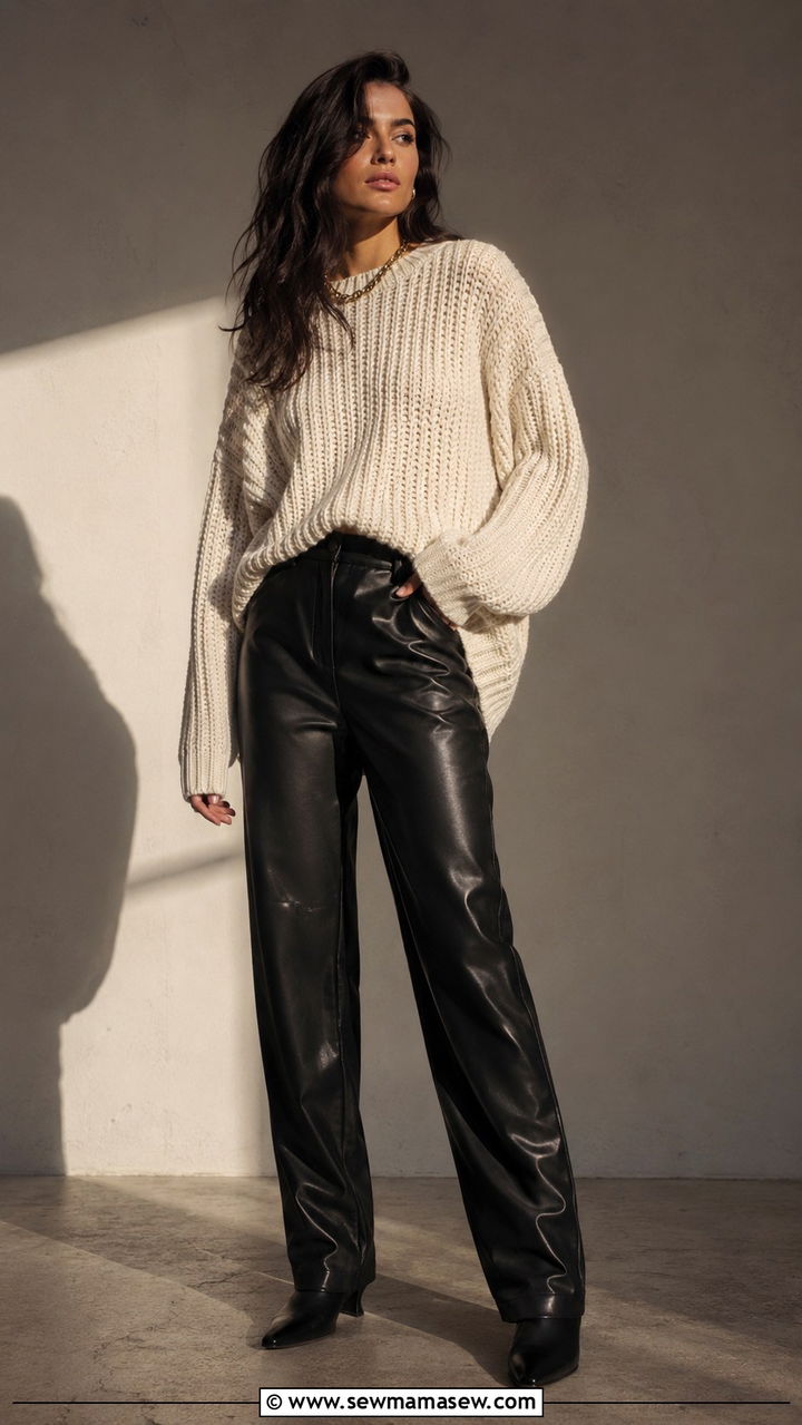 Leather Trousers With Chunky Knit Sweater - 25 Photoshoot outfits for tall women