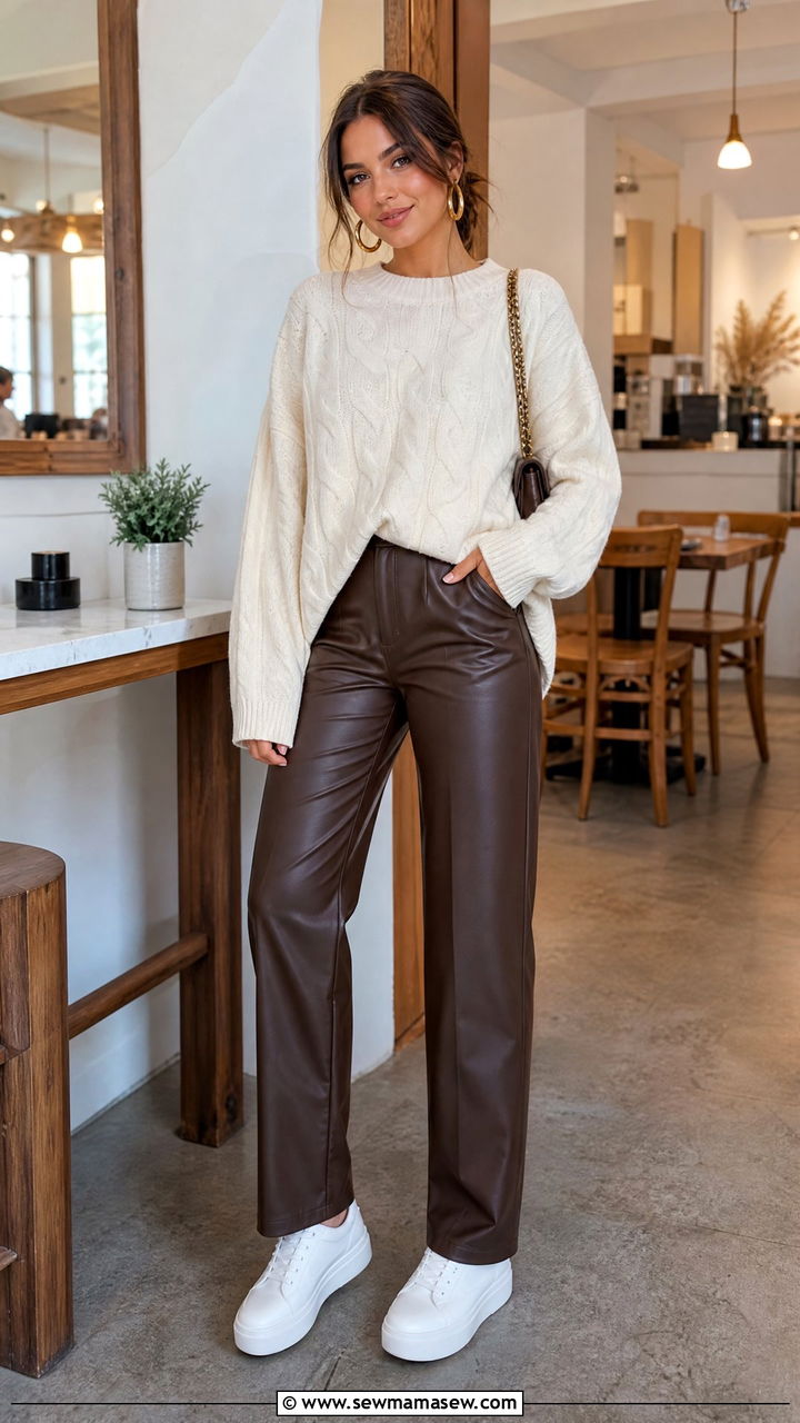 Leather Trousers With Oversized Knit And Platform Sneakers Brunch Style - 25 Brunch outfit ideas with sneakers