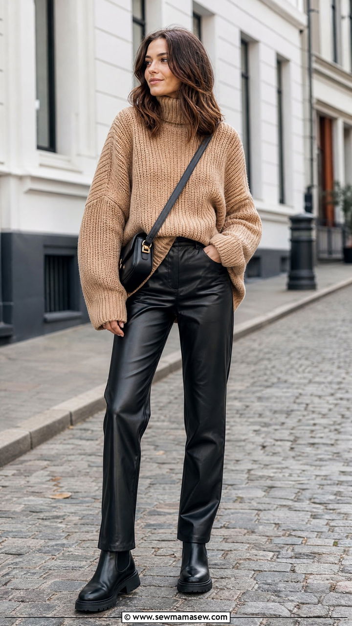 Leather Trousers and Chunky Knit Outfit - 25 casual Europe travel outfits