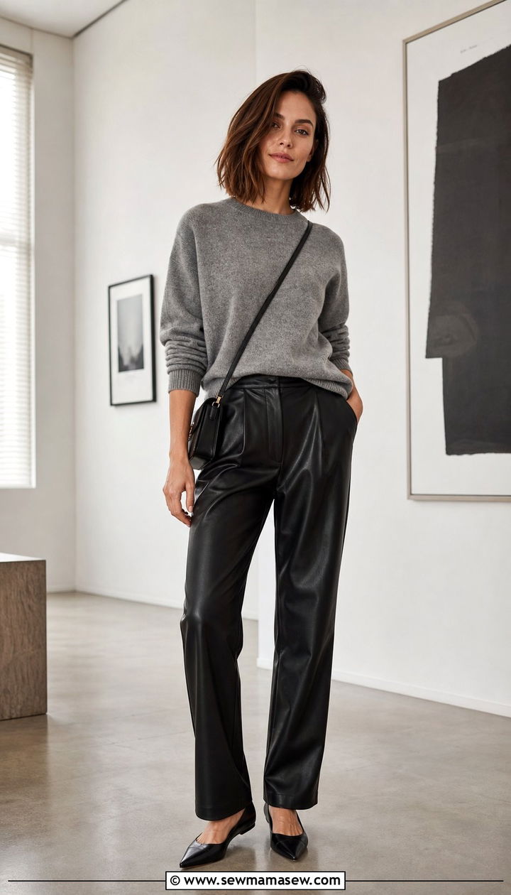 Leather Trousers with Cashmere Sweater and Pointed Flats Outfit - 25 Cross season outfit ideas