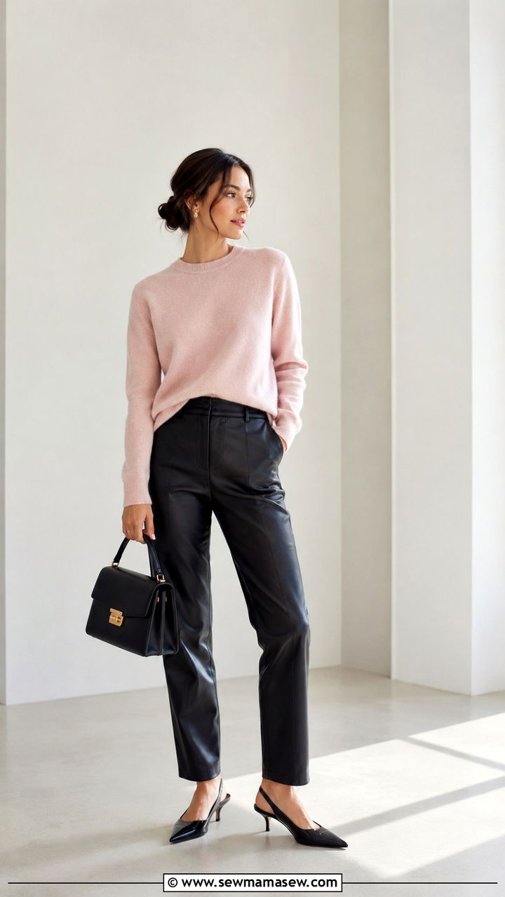Leather Trousers with Cashmere Sweater and Slingbacks - 30 Shoulder season outfit ideas