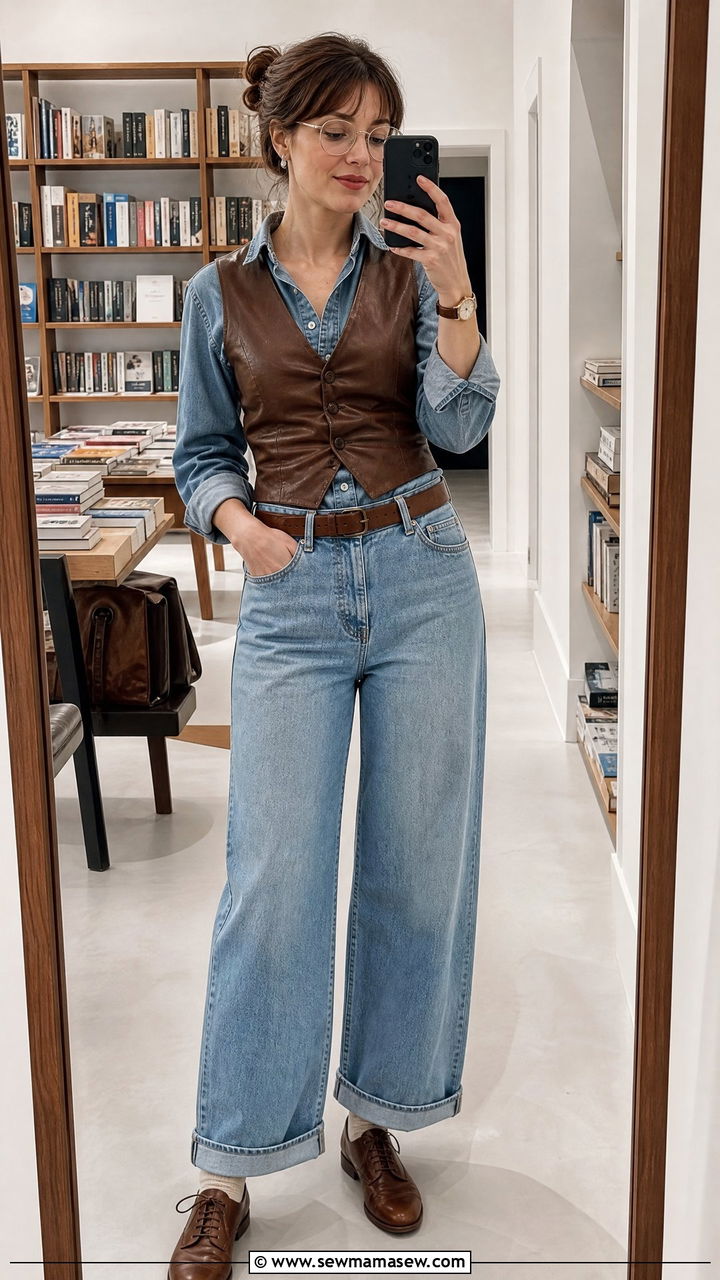 Leather Vest Over Button Up Shirt With Wide Leg Jeans - 20 Eclectic grandpa outfit ideas women