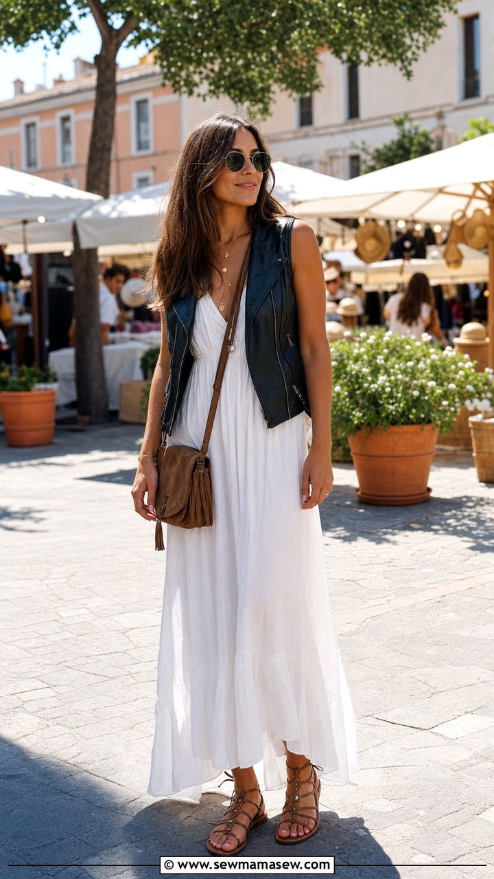 Leather Vest over a Flowy Maxi Dress - 25 Summer outfits with leather jackets