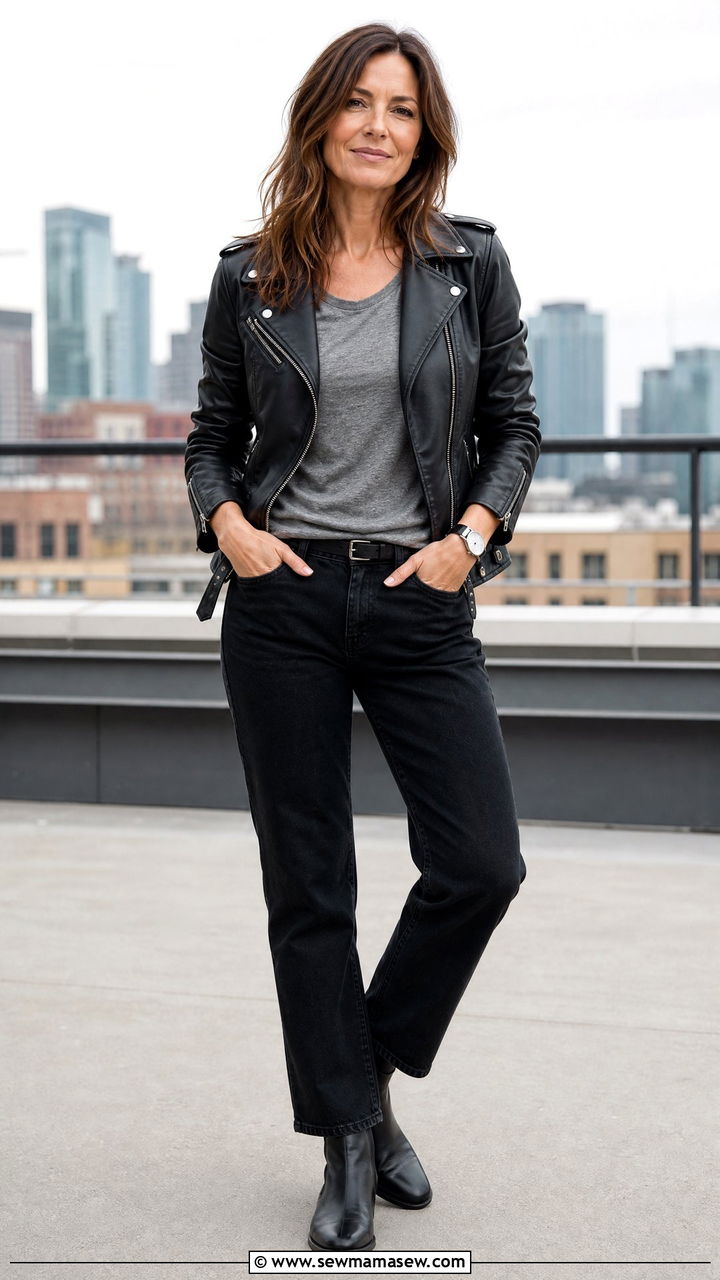 Leather biker jacket with black jeans - 35 Jeans outfit ideas for women over 40
