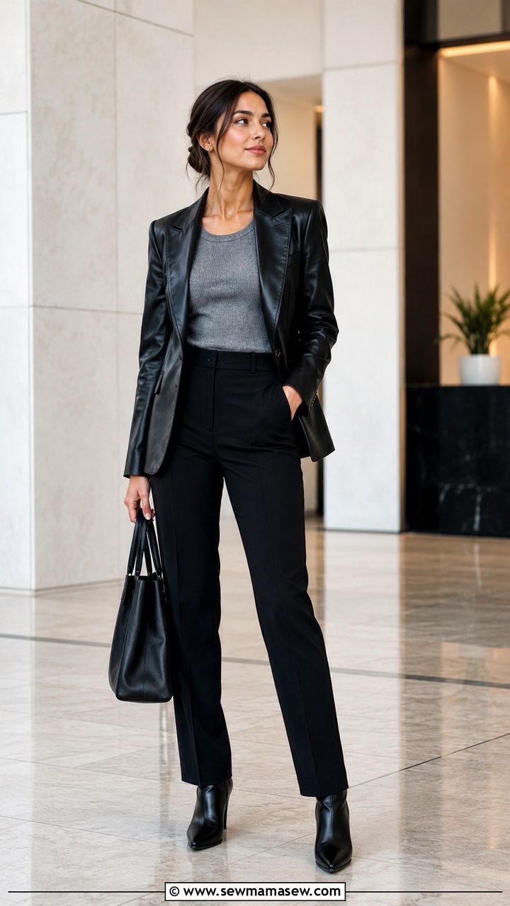 Leather blazer and black tailored trousers - 30 Petite office outfit ideas
