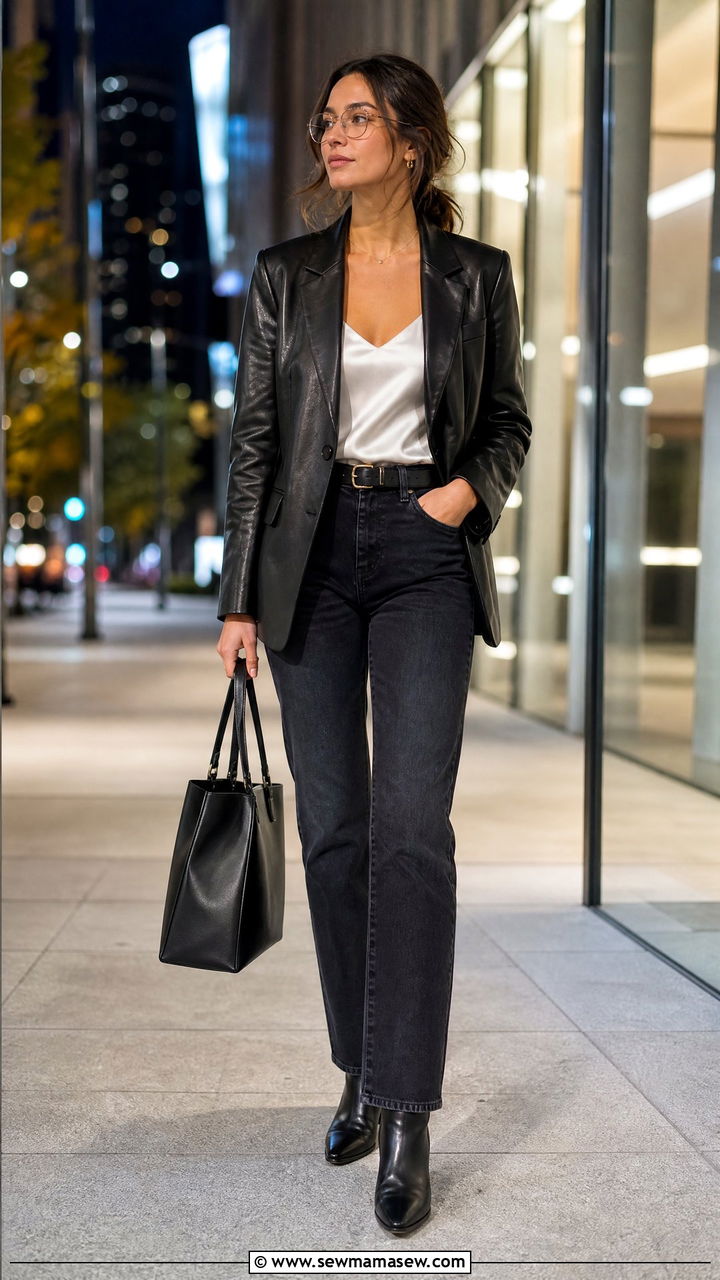 Leather blazer and dark jeans librarian core - 25 librarian core outfits 2026