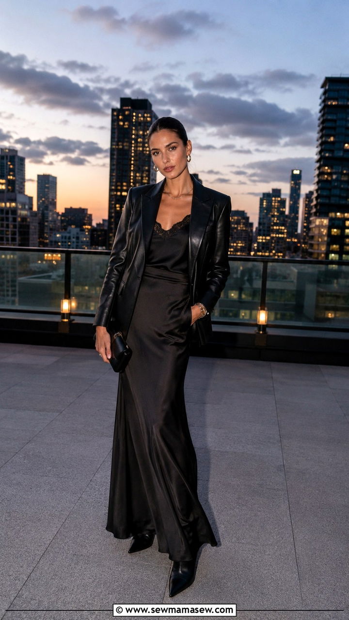 Leather blazer and silk maxi skirt outfit - 30 Maxi skirt outfit ideas with a blazer