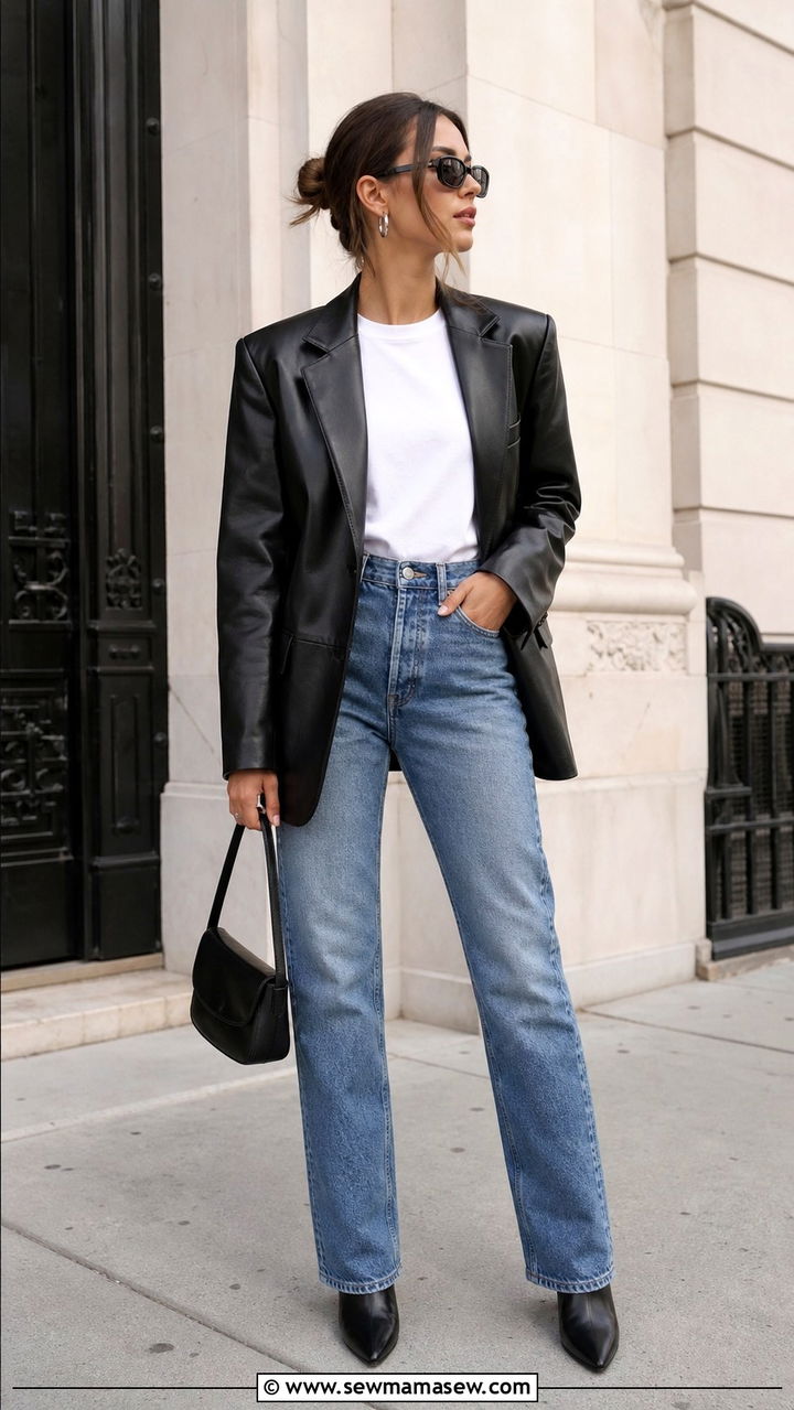 Leather blazer and straight leg jeans outfit - 40 It girl outfit ideas