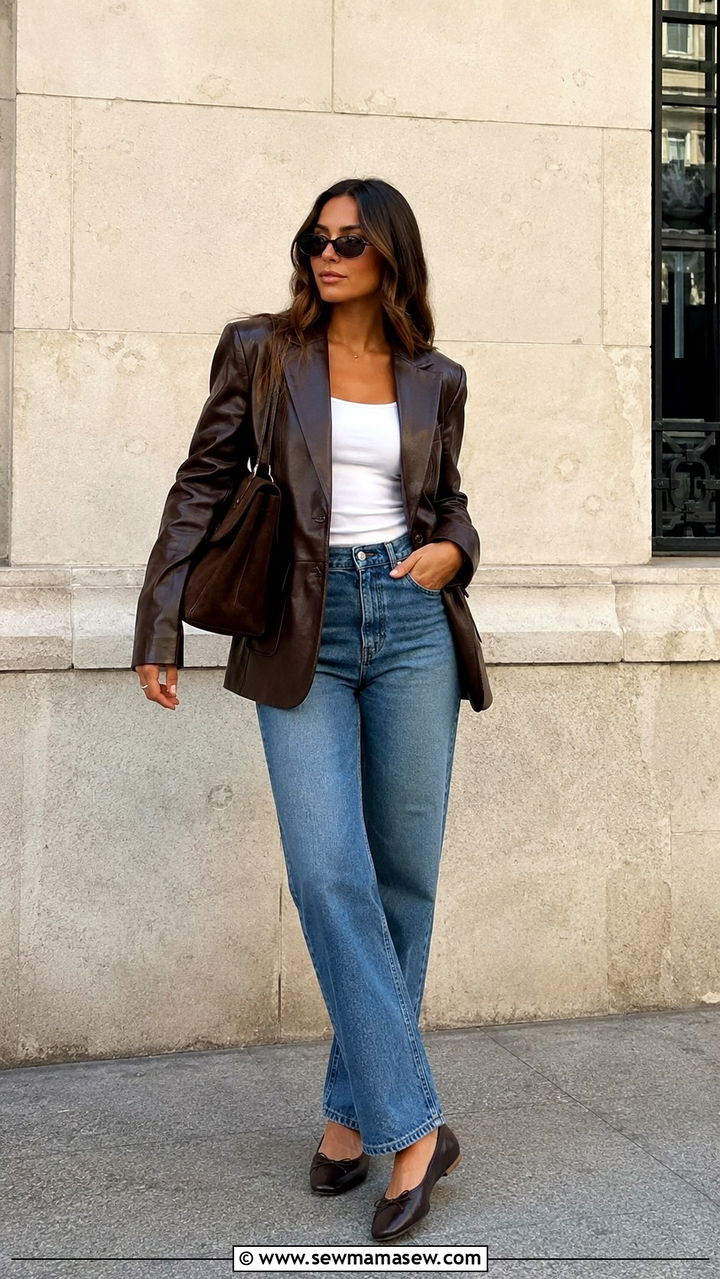 Leather blazer and straight leg jeans with glove flats - 25 2026 outfits