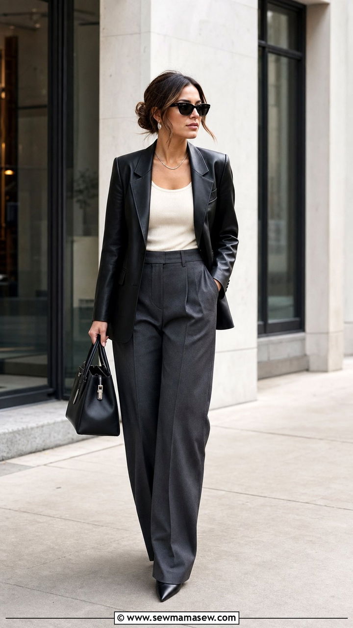 Leather blazer and wide leg trousers - 25 Corporate outfit ideas 2026