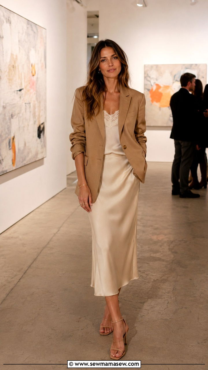 Leather blazer with a silk slip skirt and strappy sandals - 30 Spring outfits with blazers