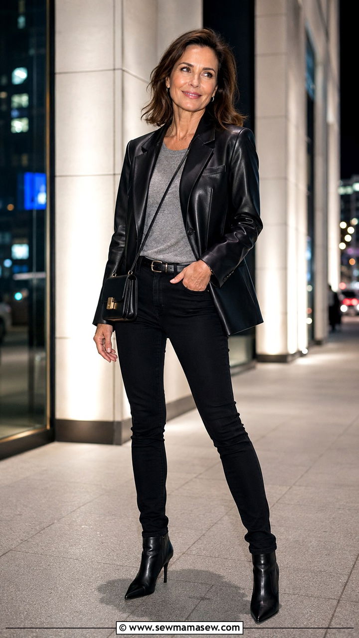 Leather blazer with black skinny jeans - 20 Jeans and blazer outfit ideas over 40