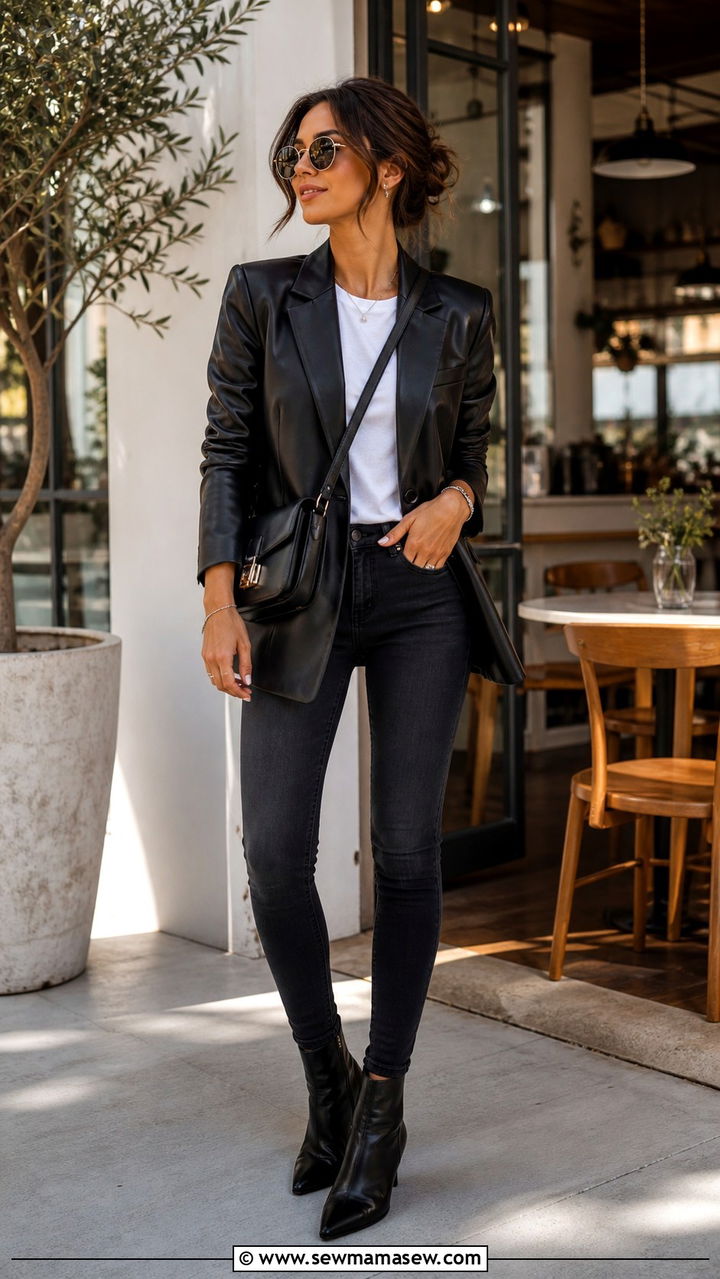 Leather blazer with dark jeans and ankle boots - 40 Chic brunch outfits