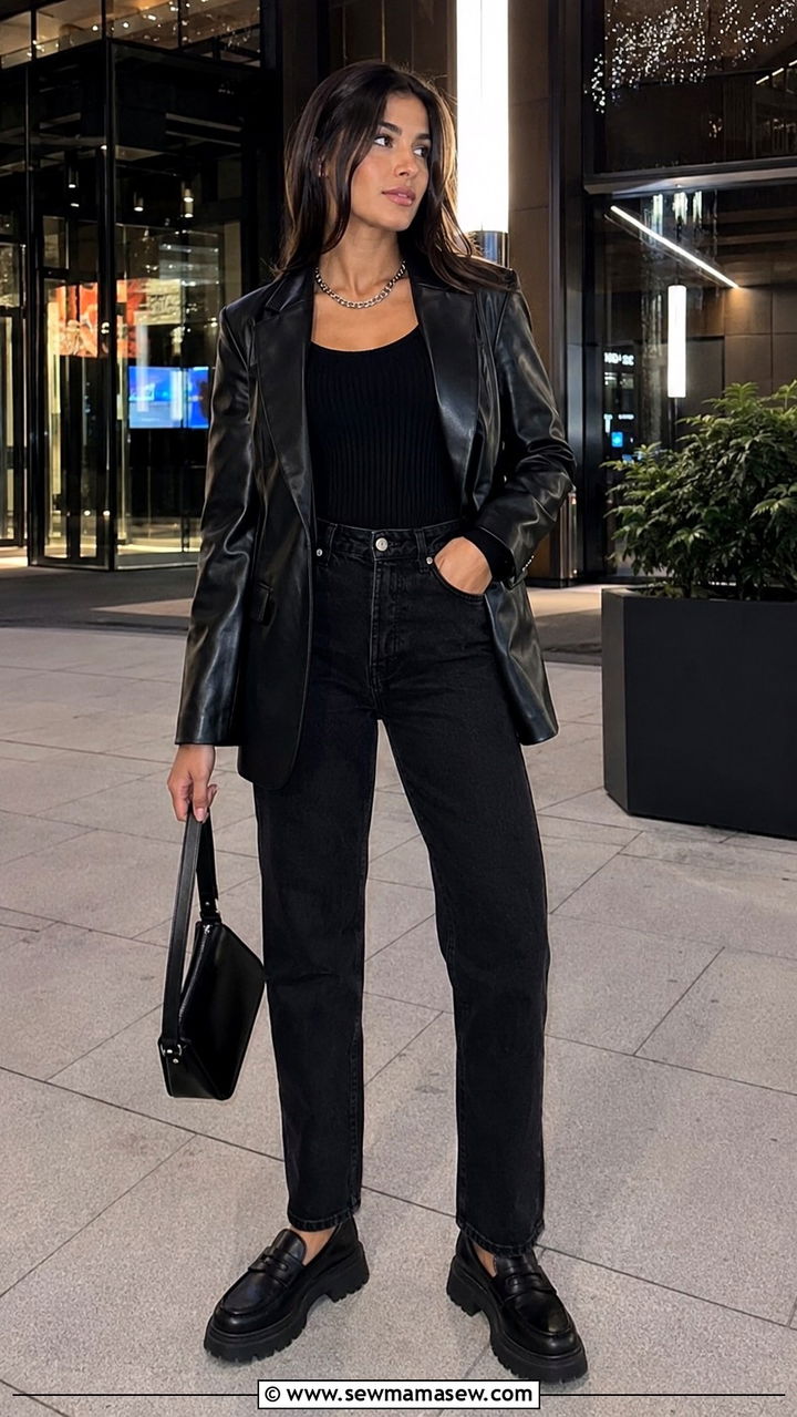 Leather blazer with straight leg jeans - 30 Straight leg jeans outfit ideas with a blazer
