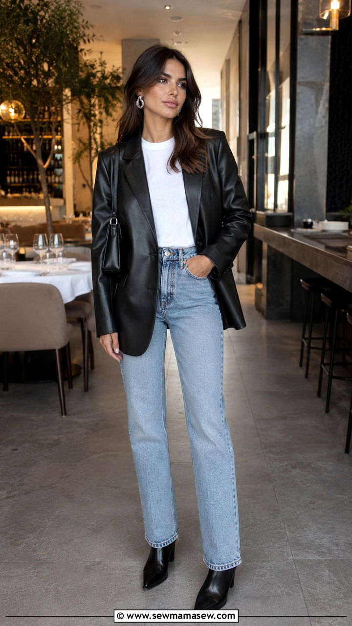 Leather blazer with straight leg jeans - 30 classy outfits inspo