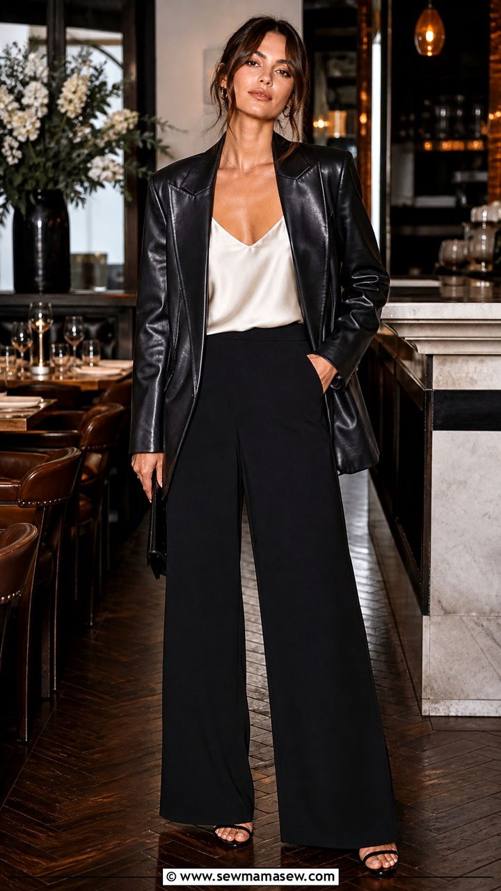 Leather blazer with wide leg trousers and strappy heels - 40 blazer outfits for women