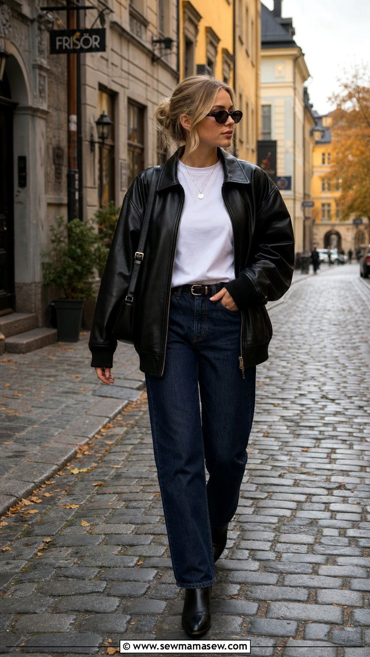 Leather bomber and straight leg jeans outfit - 25 Stockholm outfit ideas