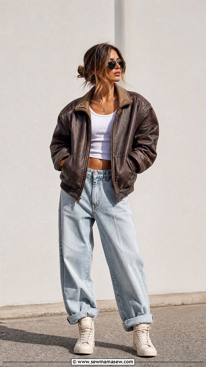 Leather bomber jacket with baggy jeans - 35 How to style a leather jacket