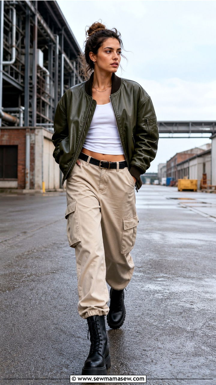 Leather bomber jacket with cargo pants and combat boots - 40 leather jacket outfit ideas