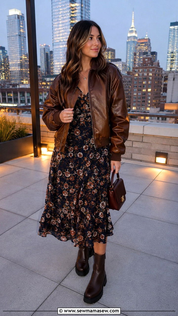 Leather bomber jacket with floral midi dress - 25 Trendy spring outfit ideas 2026