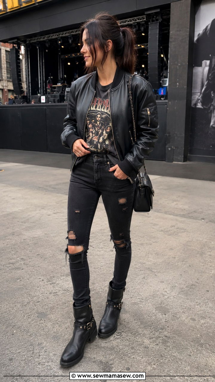 Leather bomber jacket with graphic tee and distressed skinny jeans - 30 Bomber jacket outfit ideas with jeans