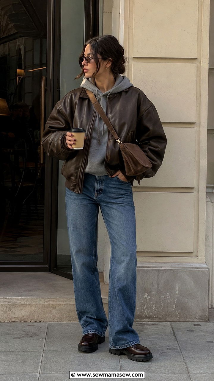 Leather bomber jacket with straight leg jeans outfit - 30 jacket outfits 2026