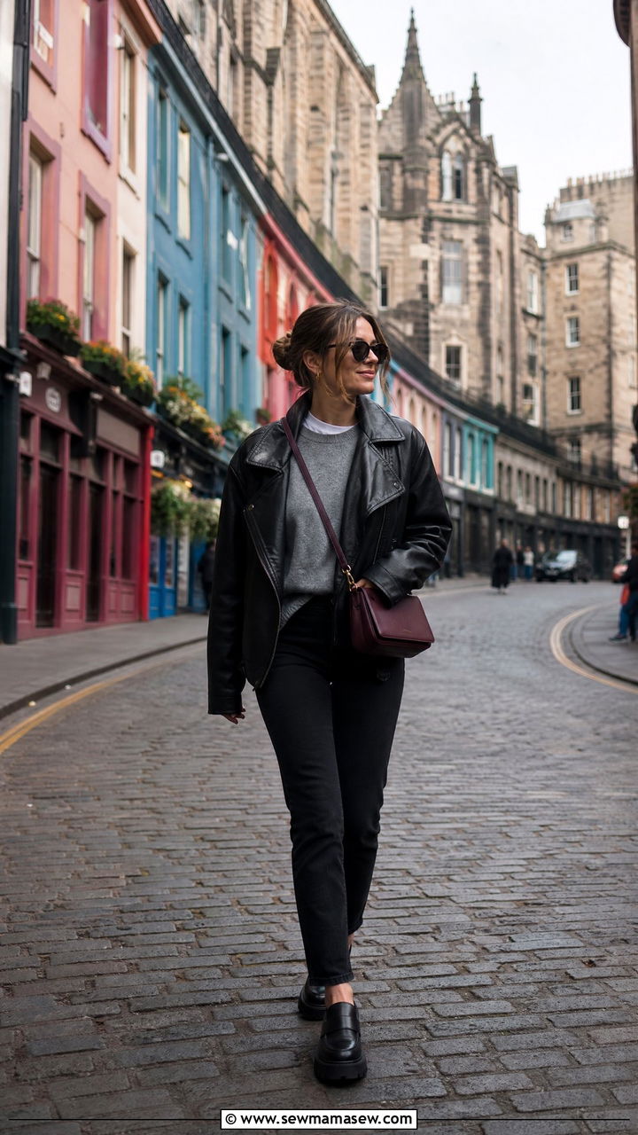 Leather jacket and black jeans - 30 Edinburgh outfit ideas
