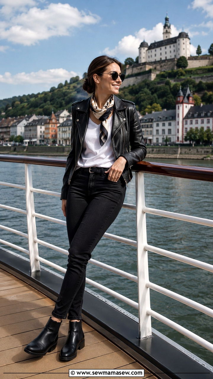 Leather jacket and black jeans outfit - 30 Rhine cruise outfit ideas