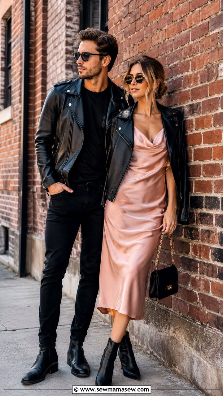 Leather jacket and dress urban couple outfit - 30 Save the date photo outfit ideas