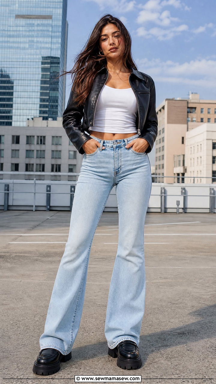 Leather jacket and flare jeans with platform loafers - 30 Flare jeans outfit ideas with loafers
