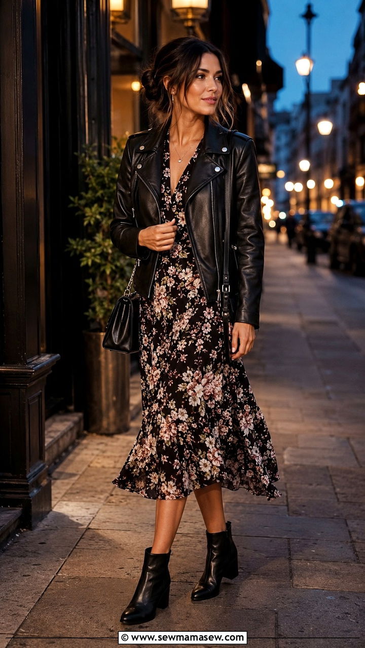 Leather jacket and floral dress outfit - 30 Travel capsule wardrobe ideas