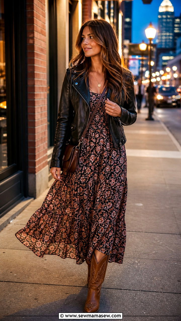 Leather jacket and floral maxi dress with cowboy boots - 40 What to wear in Nashville