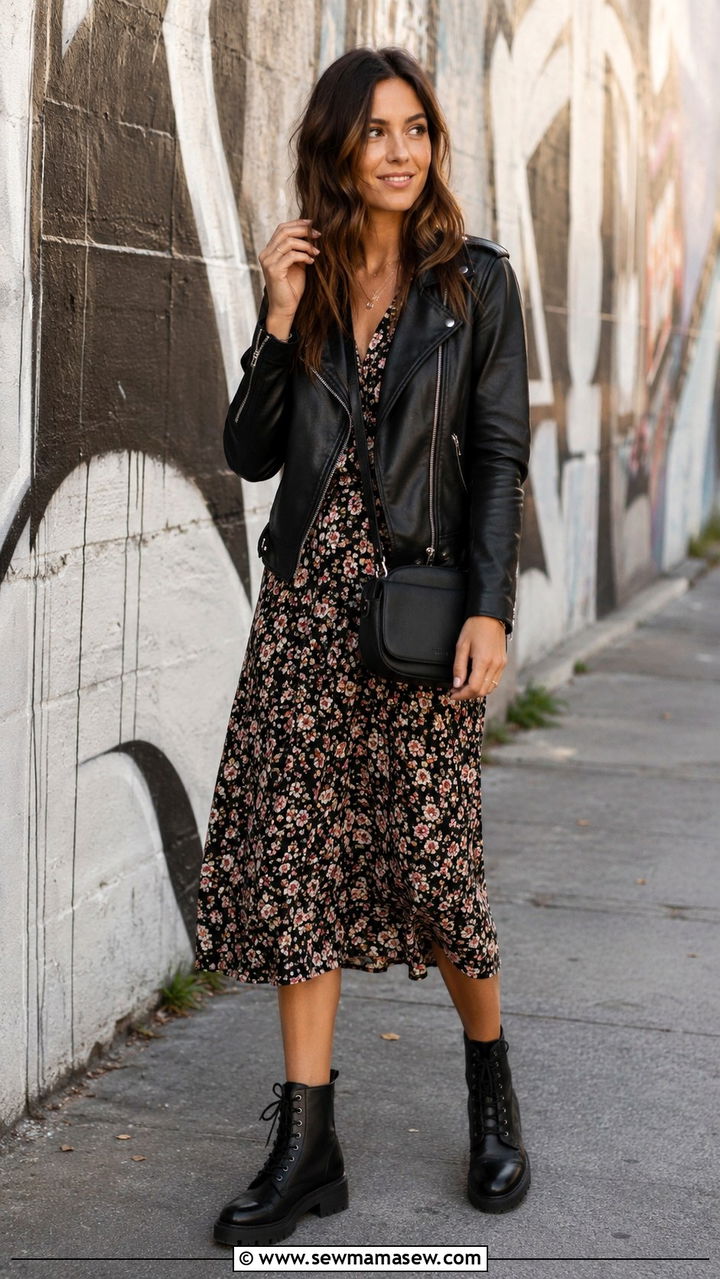 Leather jacket and floral midi dress - 30 Pinterest outfits for women