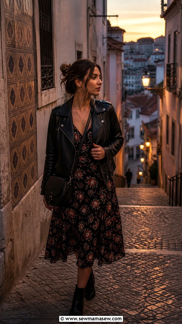 Leather jacket and floral midi dress Lisbon evening outfit - 40 Lisbon outfit ideas