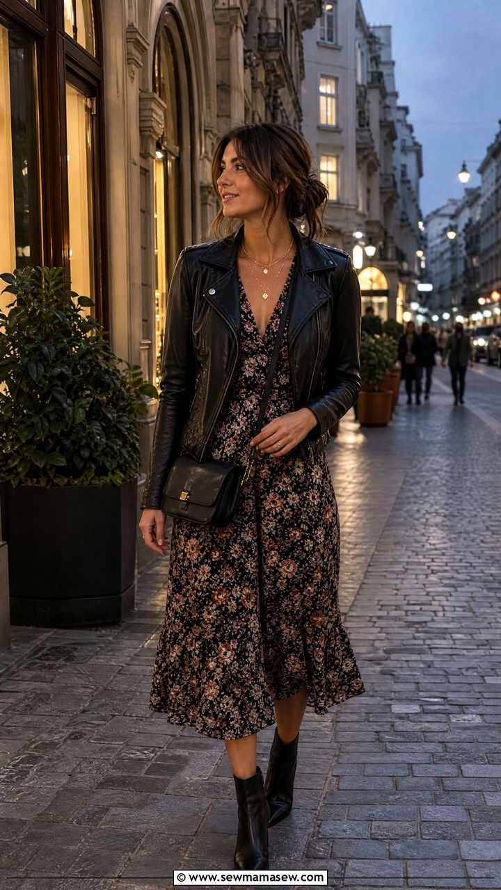 Leather jacket and floral midi dress with ankle boots - 35 Italy spring outfit ideas