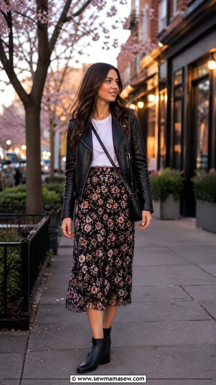 Leather jacket and floral midi skirt spring outfit - 40 Casual spring outfits