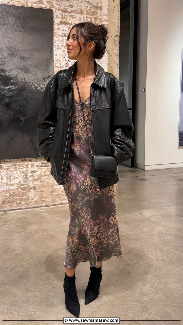 Leather jacket and midi dress gallery night look - 30 Gallery opening outfit ideas