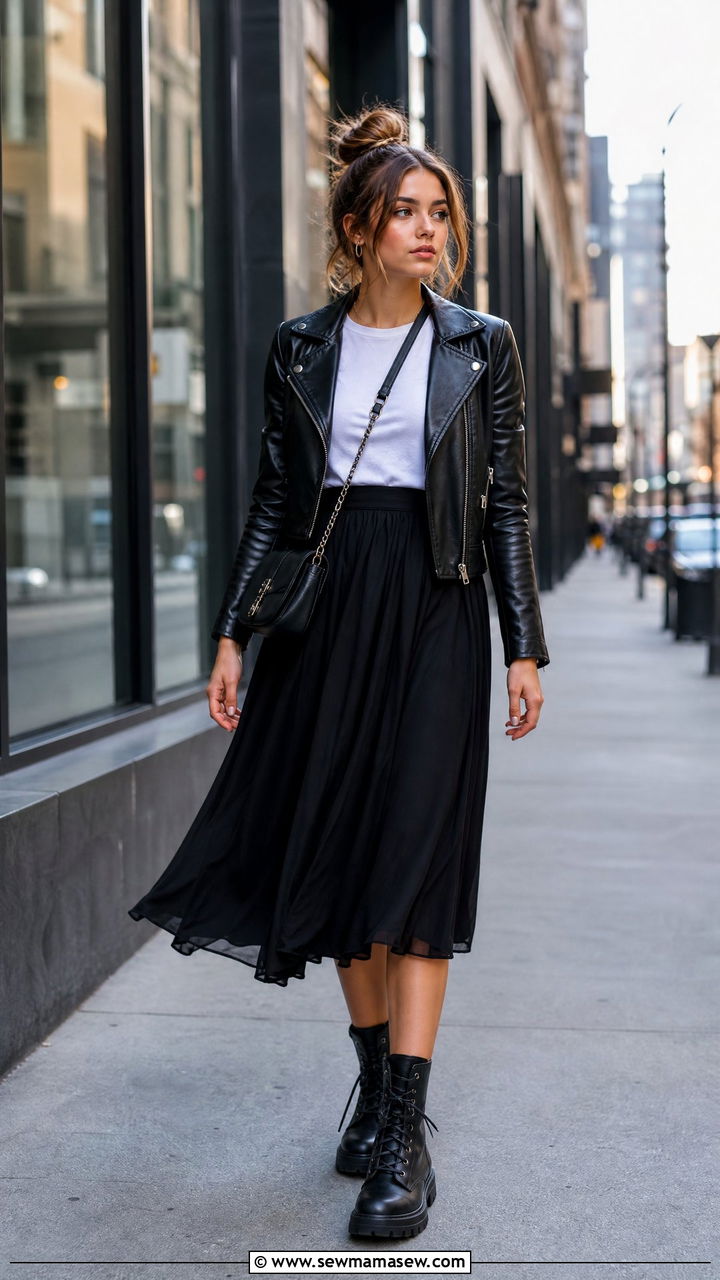 Leather jacket and midi skirt outfit - 40 school outfits ideas