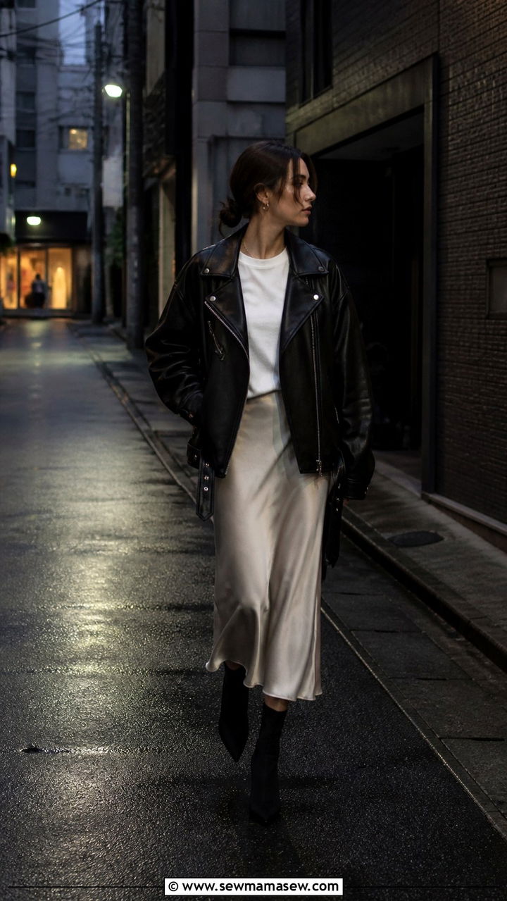 Leather jacket and midi slip skirt for autumn evenings - 40 What to wear in Tokyo
