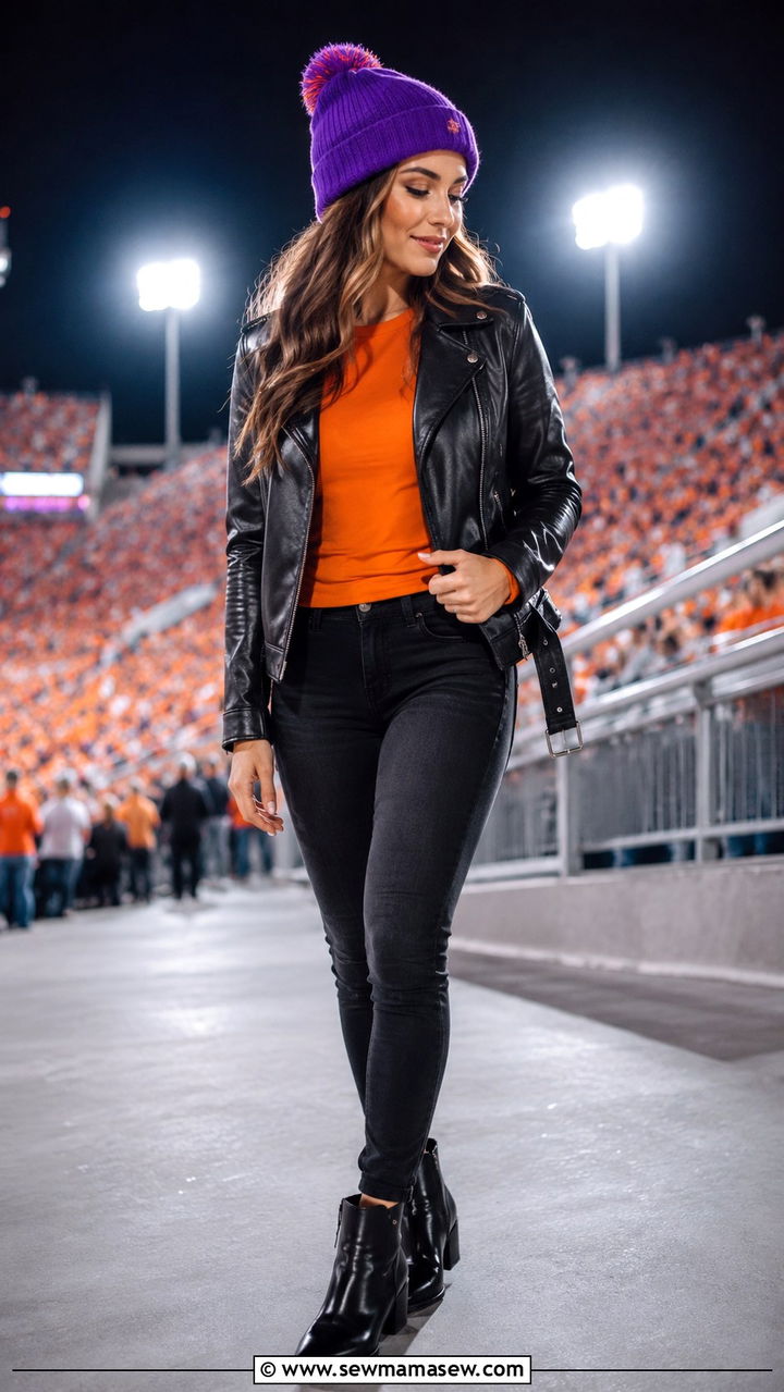 Leather jacket and orange top Clemson - 20 Gameday outfit ideas Clemson
